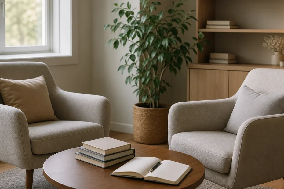 Cabinet calme avec fauteuils et carnet pour illustrer une reconversion vers la psychologie