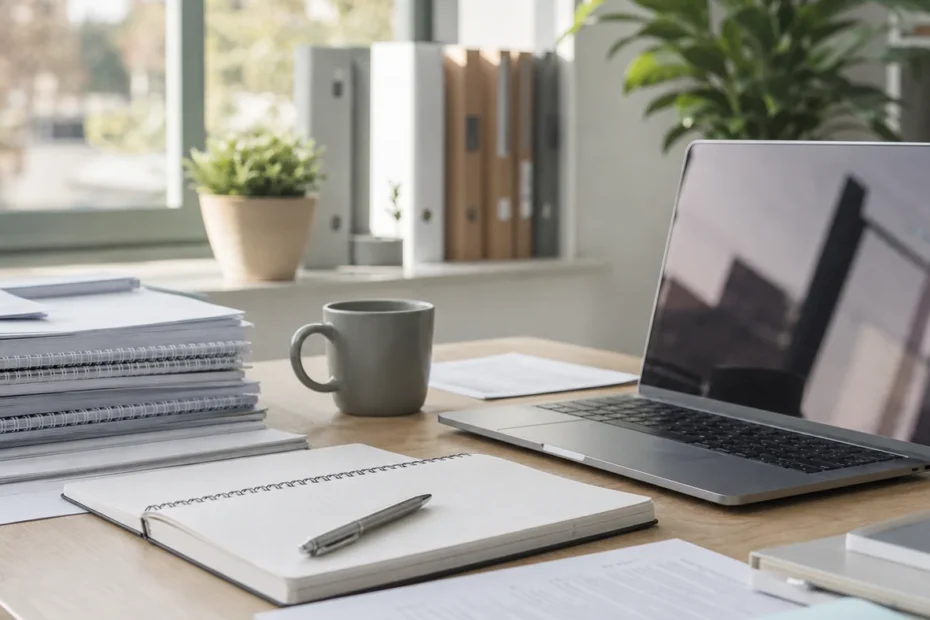 Bureau de travail avec ordinateur et documents de formation pour préparer un projet de coach de vie